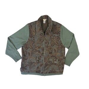 Bestow Green Brown Floral Leaves Full Zip Jacket Women's XL Vtg Boho Nature Art